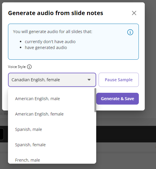 selecting from a library of different languages to narrate a powerpoint presentation