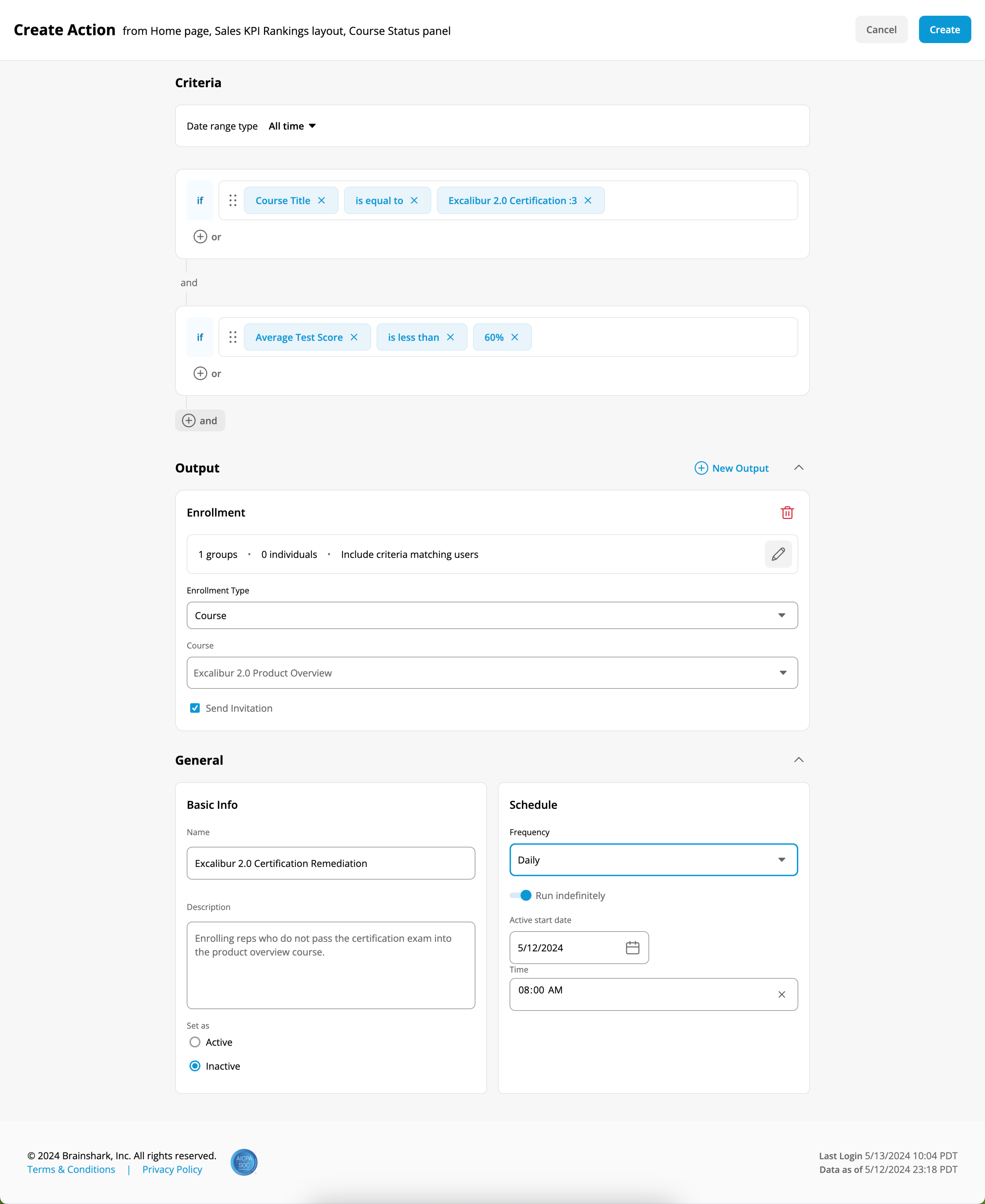 enrollment actions for scorecards for managing learning enrollments